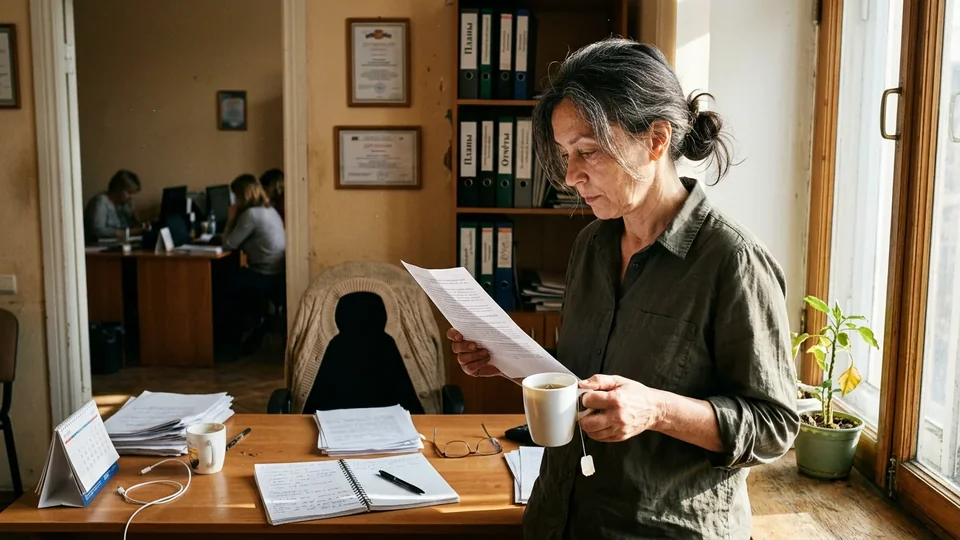 Руководитель учебного центра за рабочим столом, команда в работе на заднем плане